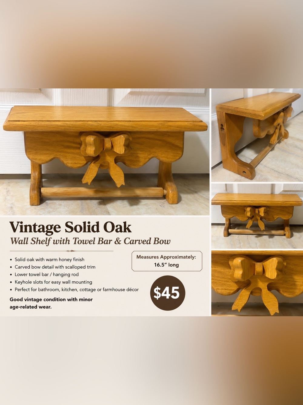 Vintage Solid Oak Wall Shelf with Towel Bar & Carved Bow – 16.5”
